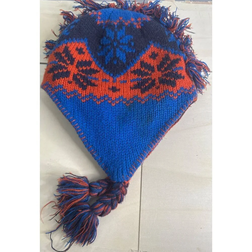 Vintage LL Bean Boys Aztec Tassel Beanie Fleece Lined Boho Southwest Winter Hat
